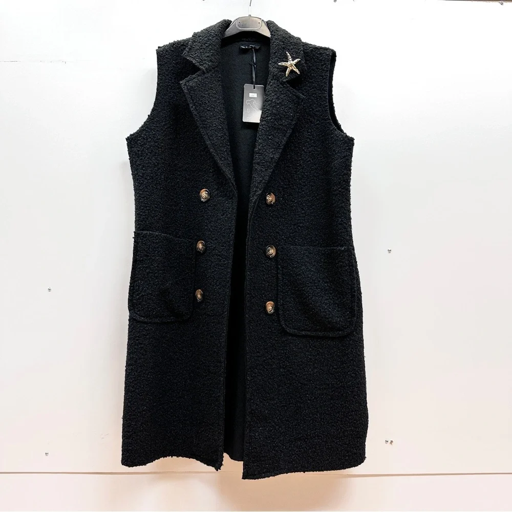 Bella Amore Italy made Black Vest Coat with Gold Star Pin, size S-XL - Picture 1 of 8
